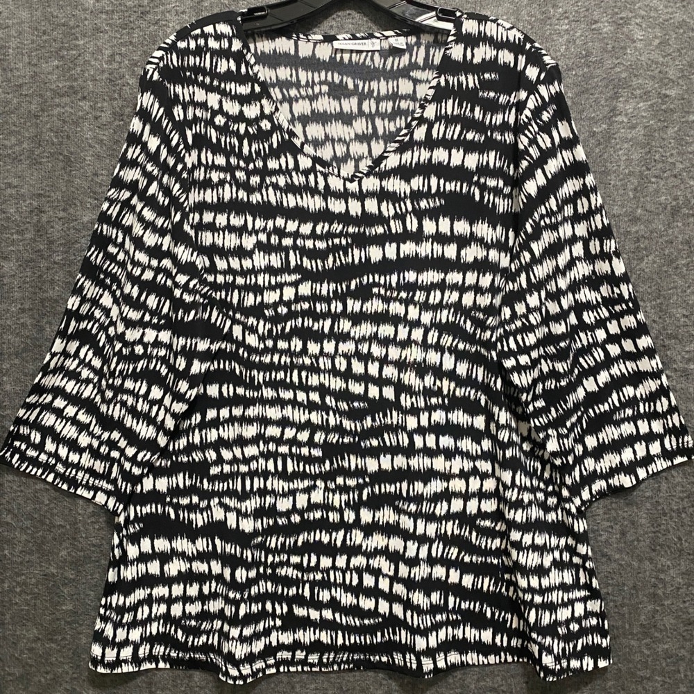 Susan Graver Tunic Top Women 1X Black Abstract Liquid Knit Stretch Office Casual